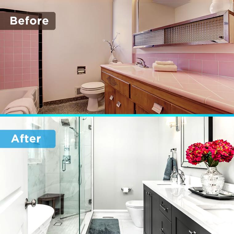 A dated bathroom with an old tub above, and the same bathroom below after a walk-in shower was installed